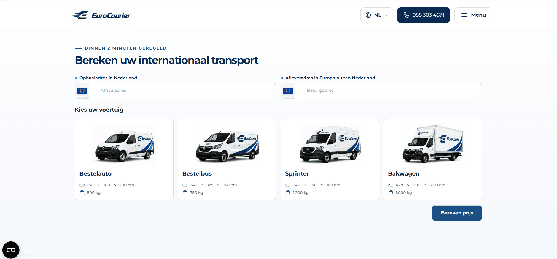 EuroCourier-transportcalculator met invoer voor ophaaladres, afleveradres en voertuigkeuze
