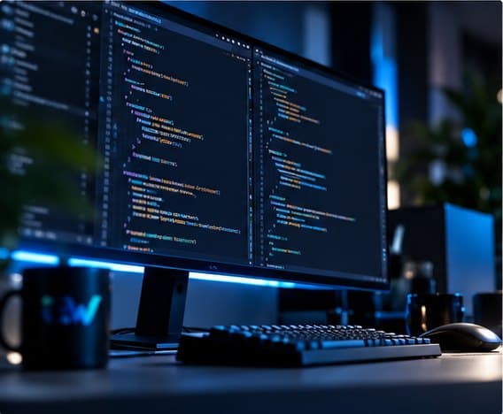 Code-editor op twee ontwikkelschermen