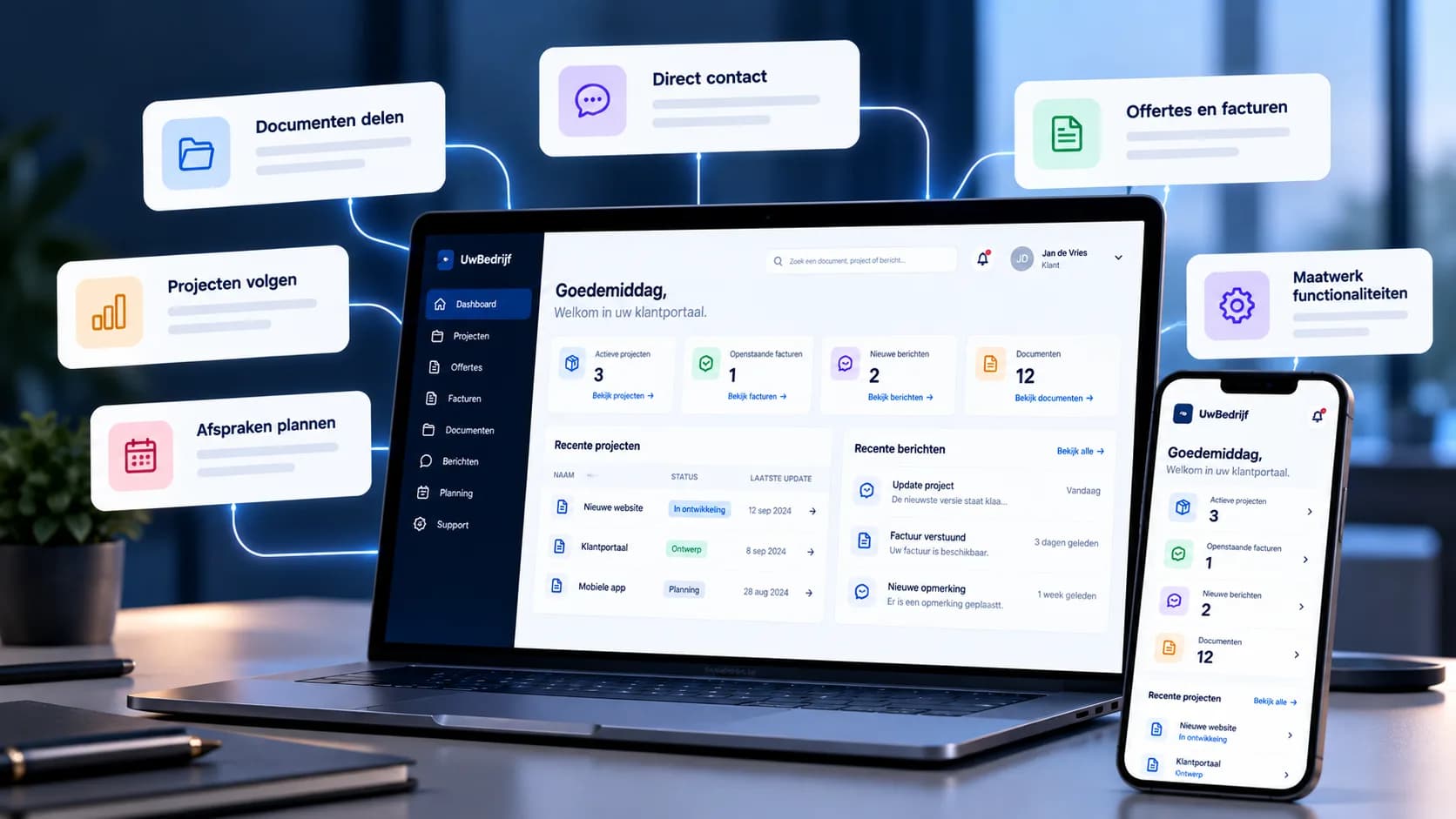 Conceptueel klantportaal op laptop en smartphone met projecten, documenten, offertes en berichten